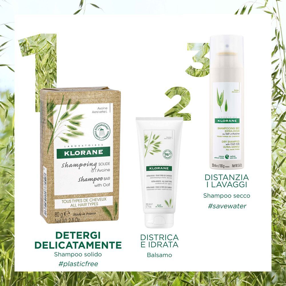 Shampoo solido, balsamo e shampoo secco Klorane all'avena. Tutti i tipi di capelli.