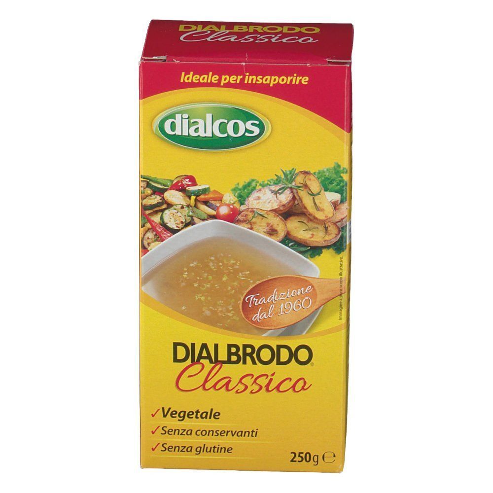 Fronte di una confezione di Dialcos Dialbrodo Classico, 250g. Vegetale, senza conservanti, senza glutine.
