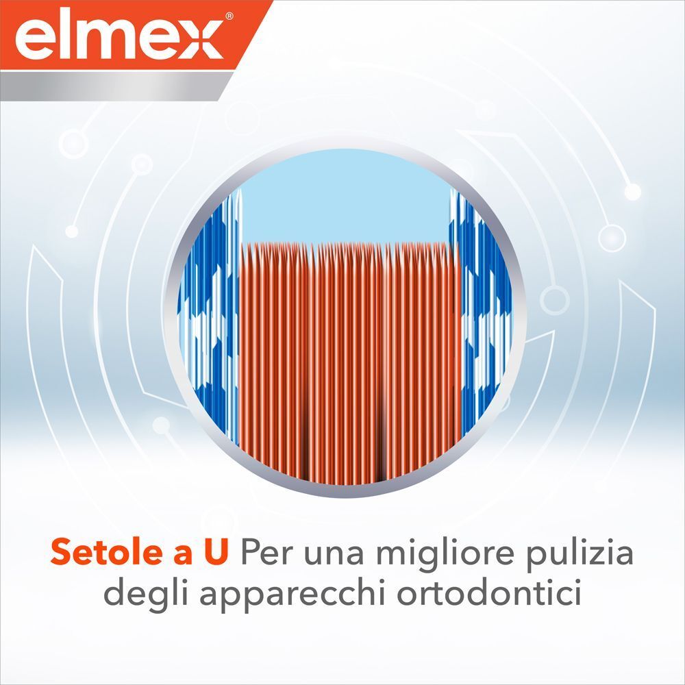 Primo piano delle setole a U dello spazzolino Elmex per la pulizia degli apparecchi ortodontici.