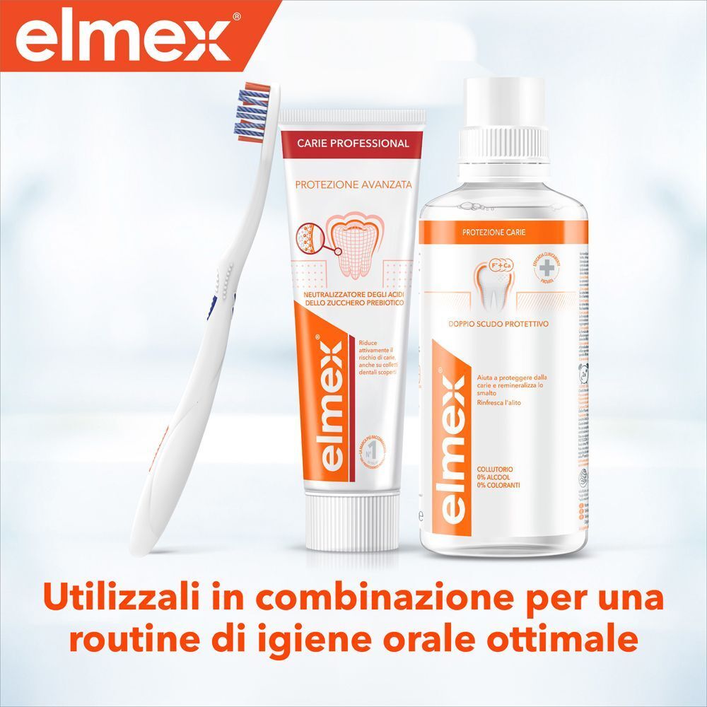 Spazzolino Elmex, dentifricio e collutorio per una routine di igiene orale ottimale.
