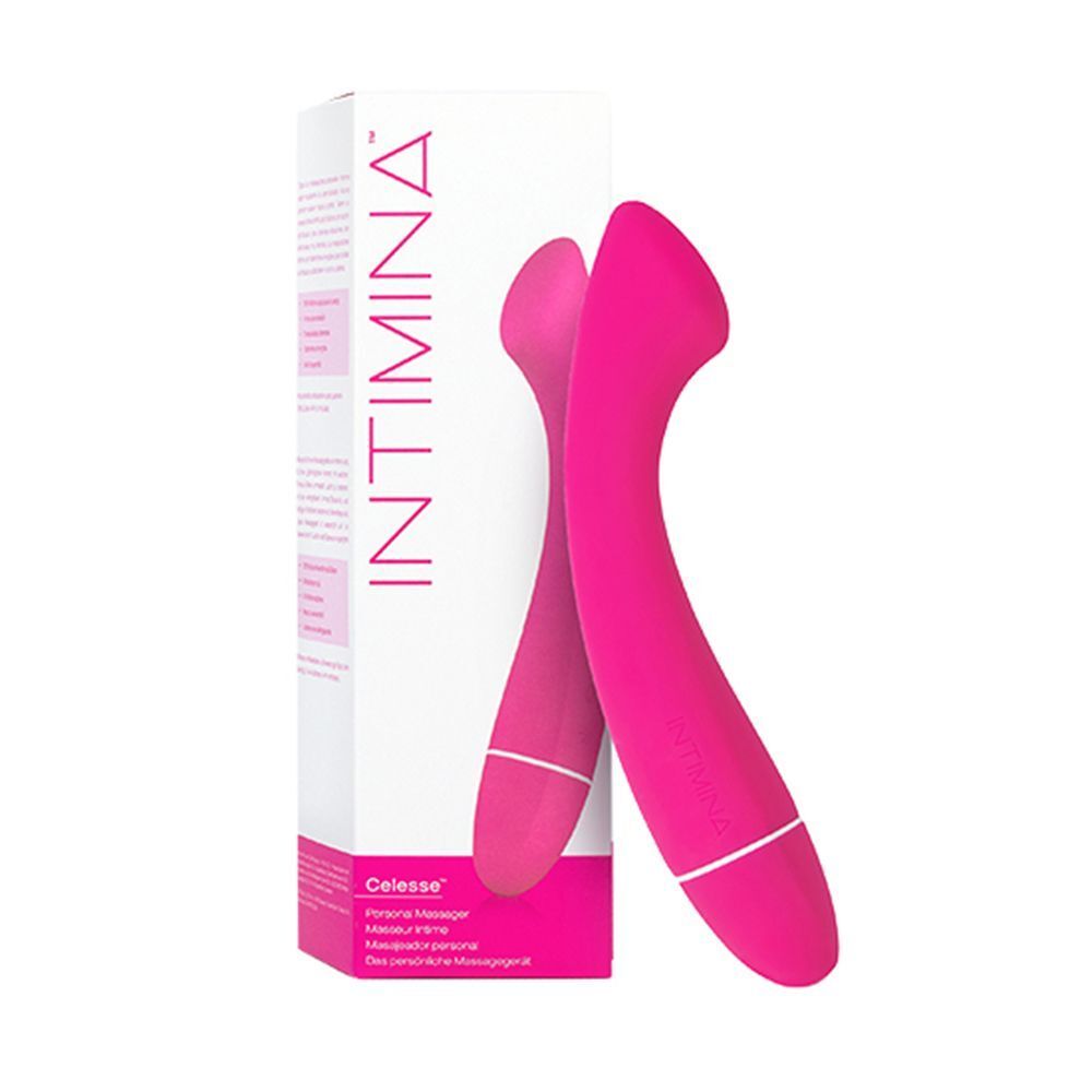 Vibratore rosa accanto alla sua confezione con il nome del marchio Intimina.