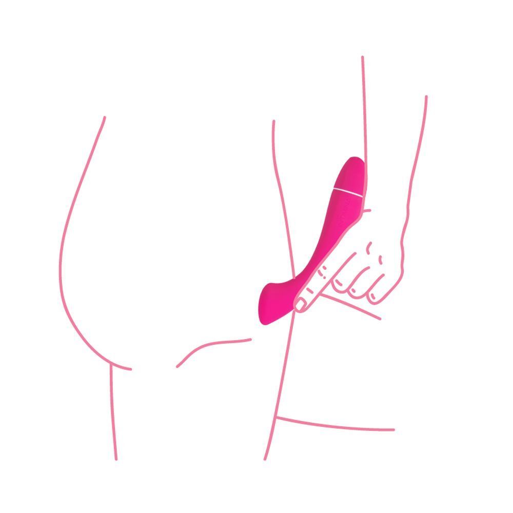 Illustrazione di una mano che applica un vibratore rosa.