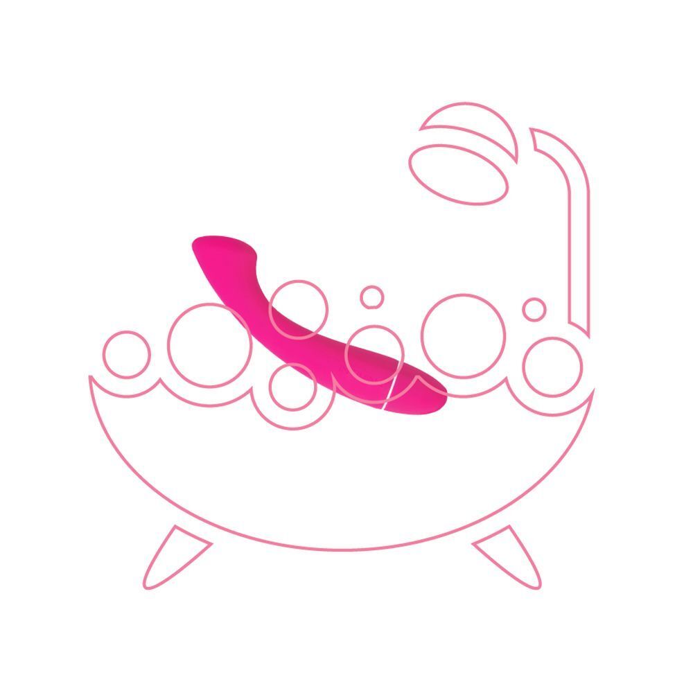Illustrazione di un vibratore rosa in una vasca da bagno stilizzata con bolle.