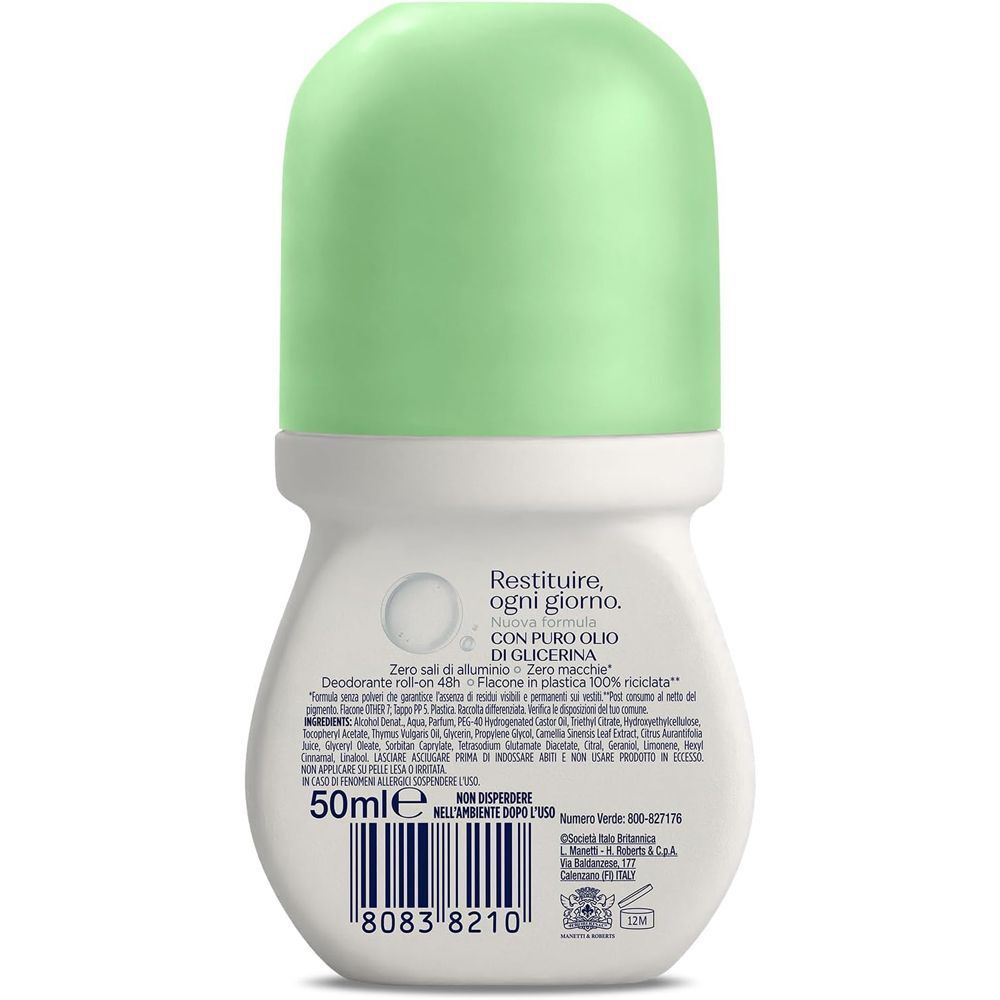 Retro di un deodorante roll-on Neutro Roberts Fresco Verde con indicazione 50ml e ingredienti.