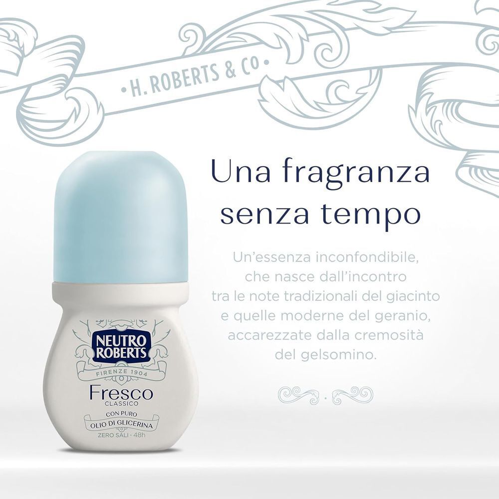 Deodorante roll-on Neutro Roberts Fresco Classico con tappo azzurro e testo sulla fragranza.
