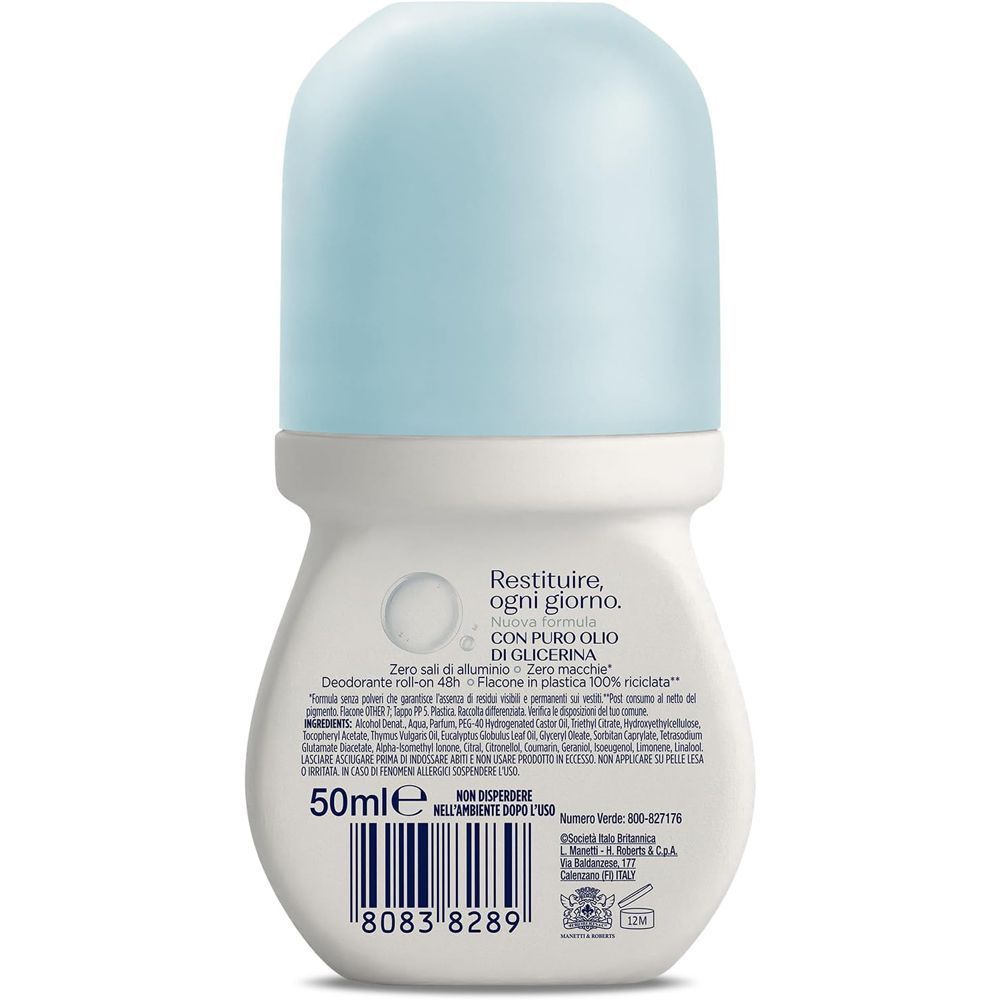 Retro di un deodorante roll-on Neutro Roberts Fresco Classico con indicazione 50ml e ingredienti.