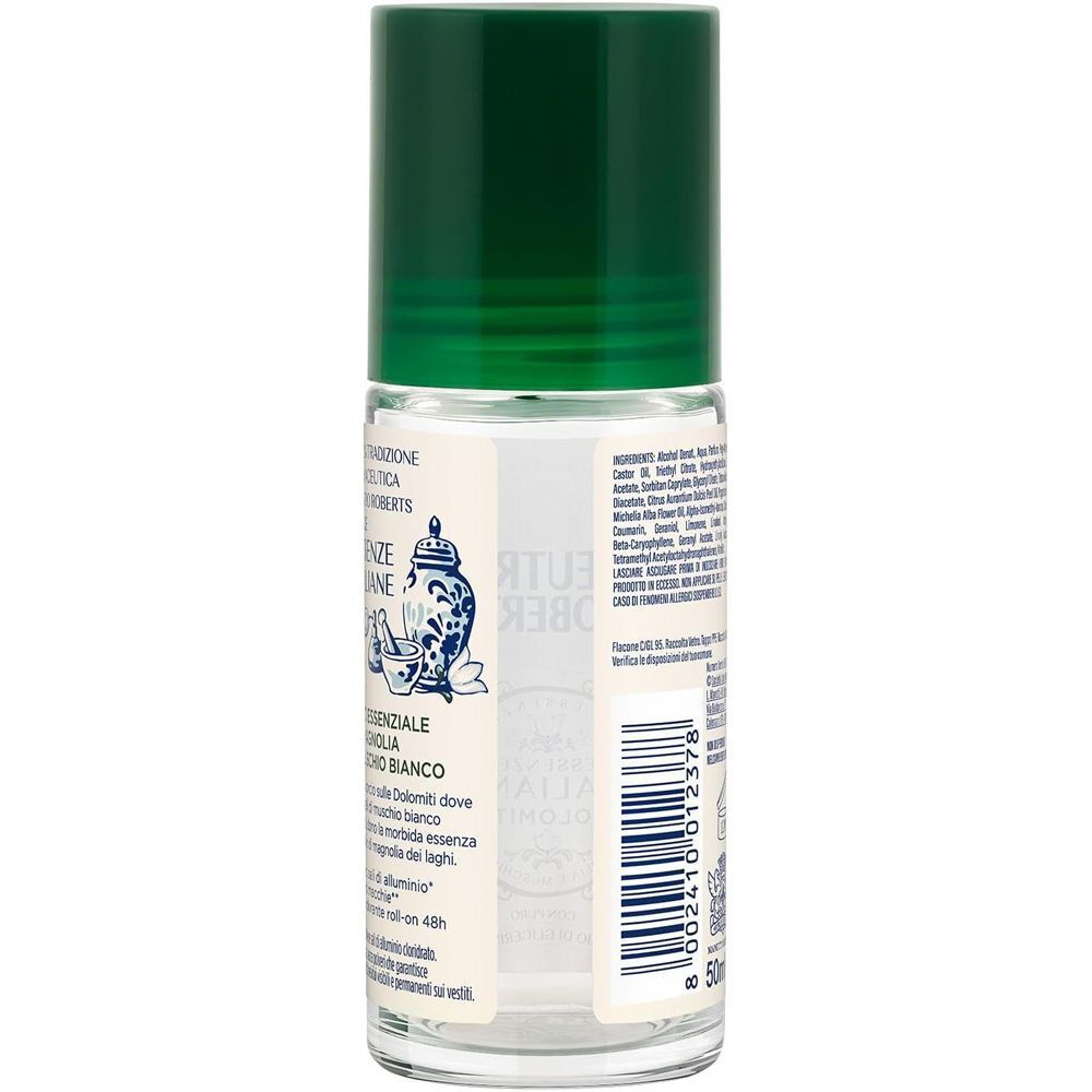 Retro di un deodorante roll-on Neutro Roberts con ingredienti e codice a barre.