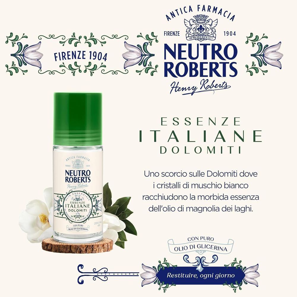 Deodorante roll-on Neutro Roberts Dolomiti con fiore di magnolia e base in legno.