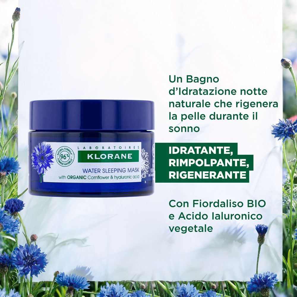 Klorane Water Sleeping Mask in un vasetto blu con etichetta raffigurante un fiordaliso e testo.
