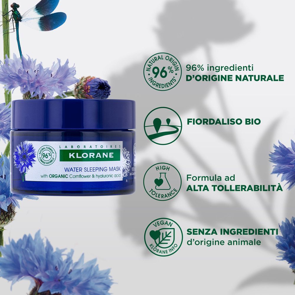 Klorane Maschera notte all'acqua con Fiordaliso bio e acido ialuronico in un vasetto blu.