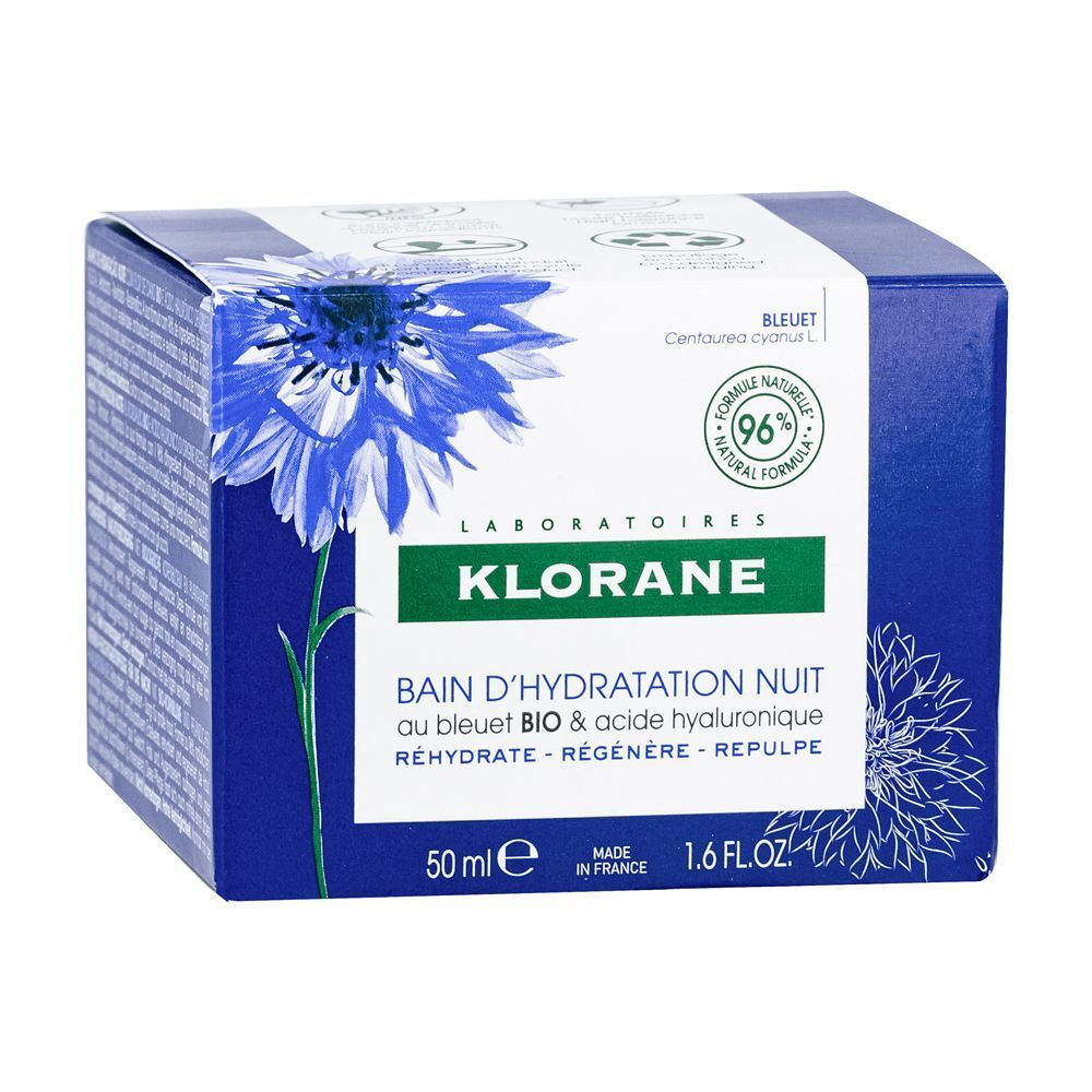 Bagno idratante notte Klorane con fiordaliso e acido ialuronico, 50 ml.