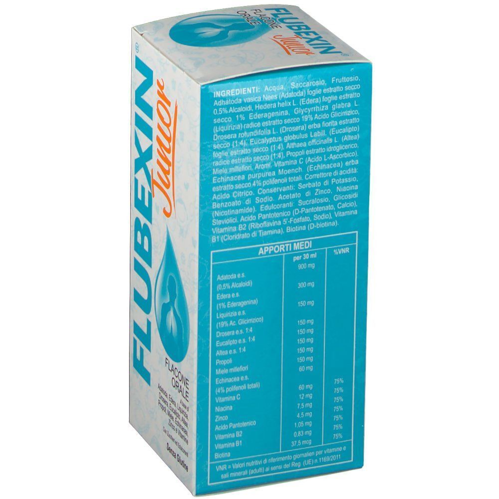 Scatola Flubexin Junior con elenco ingredienti e apporti nutrizionali in italiano. Confezione blu e bianca.
