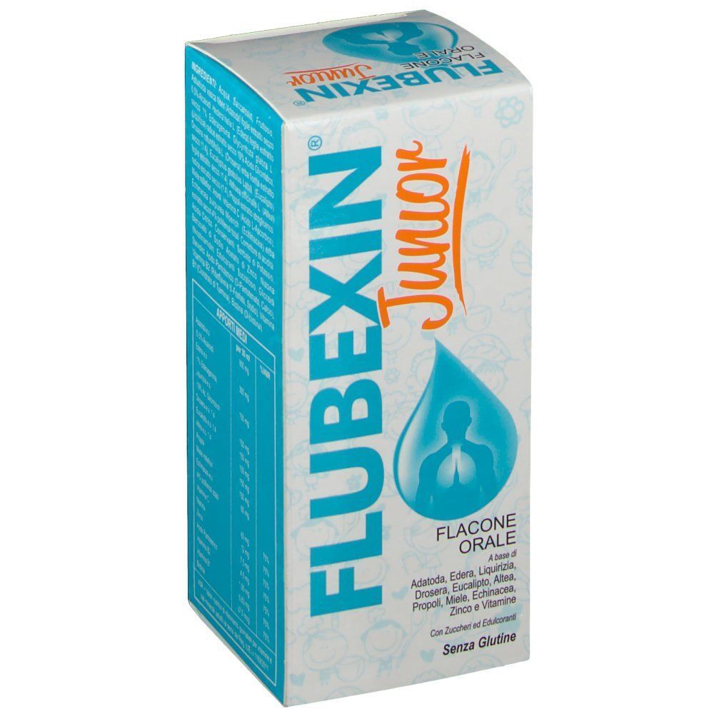 Una scatola di Flubexin Junior, preparato orale liquido. Confezione blu e bianca con simbolo di goccia e polmone.