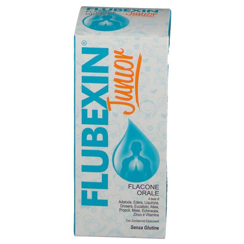 Fronte di una scatola Flubexin Junior, preparato orale liquido. Confezione blu e bianca con simbolo di goccia e polmone.