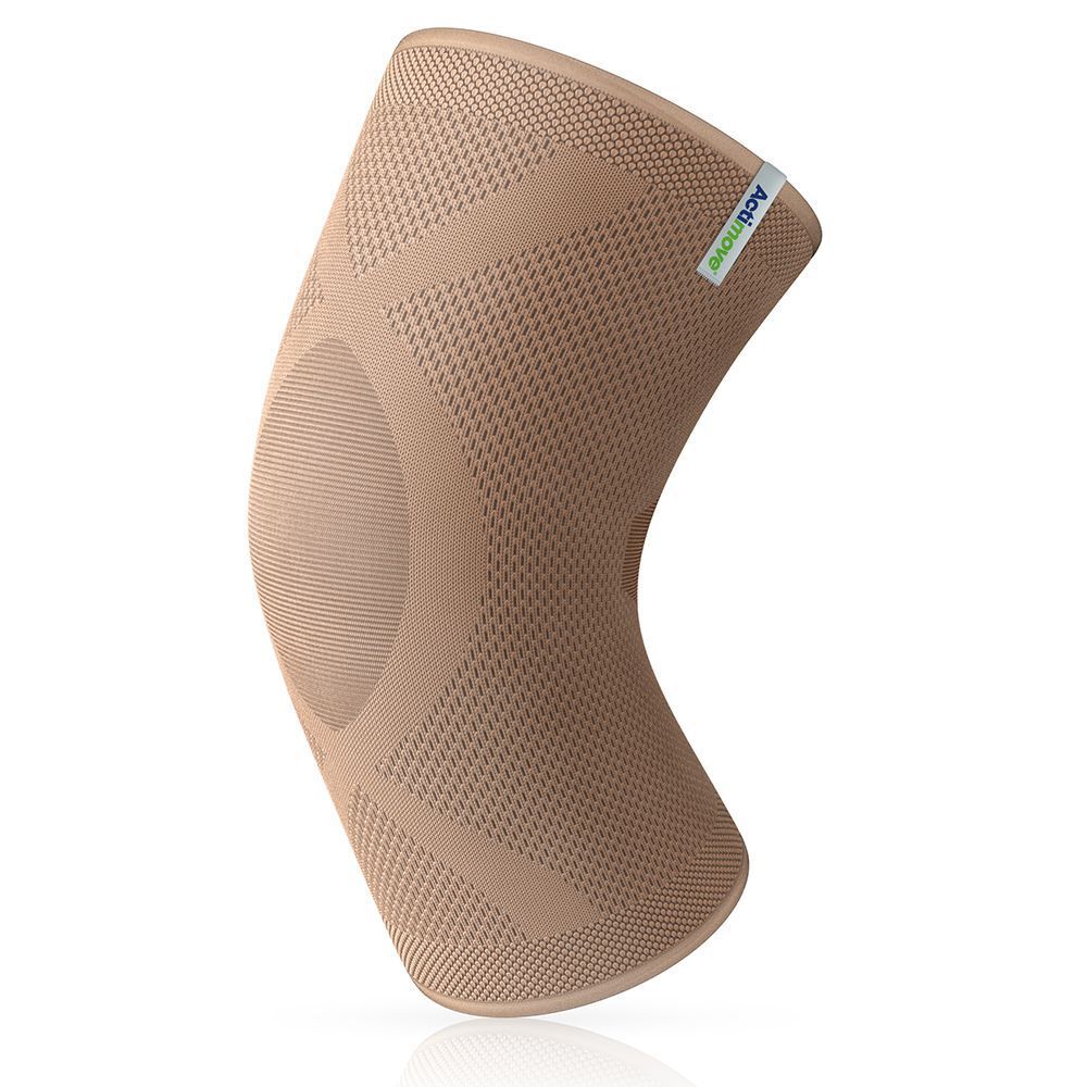 Ginocchiera Actimove beige con rotula chiusa, con motivo intrecciato.