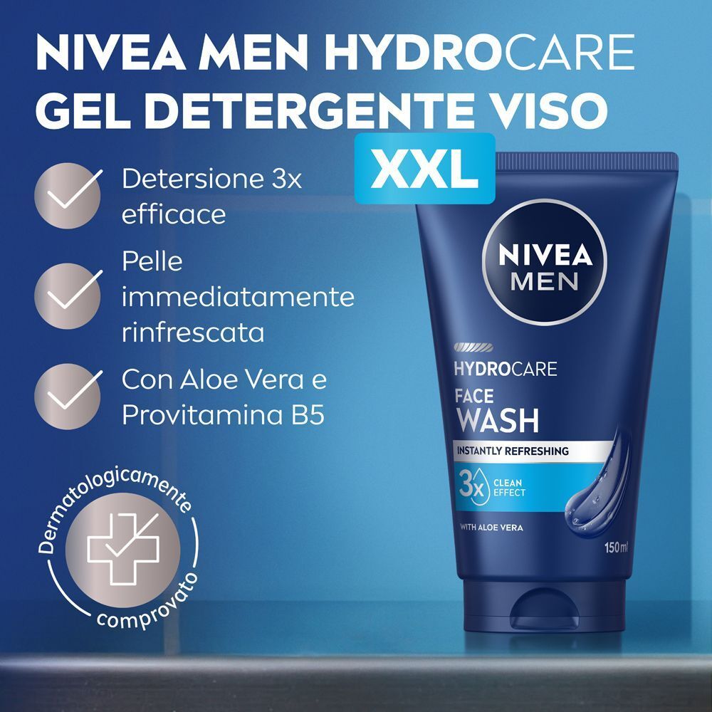 Detergente viso Nivea Men Hydrocare XXL con Aloe Vera, testato dermatologicamente.