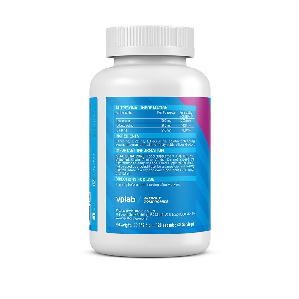 Retro di un flacone VPLAB BCAA Ultra Pure con informazioni nutrizionali e istruzioni.