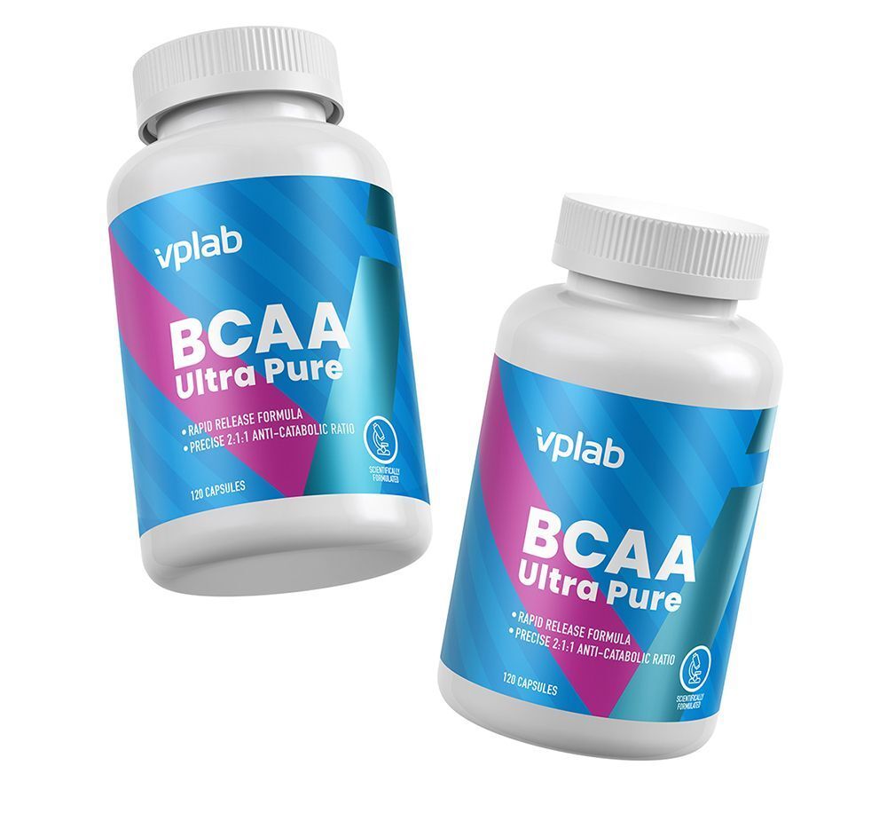 Due flaconi di capsule VPLAB BCAA Ultra Pure, presentati in prospettiva.