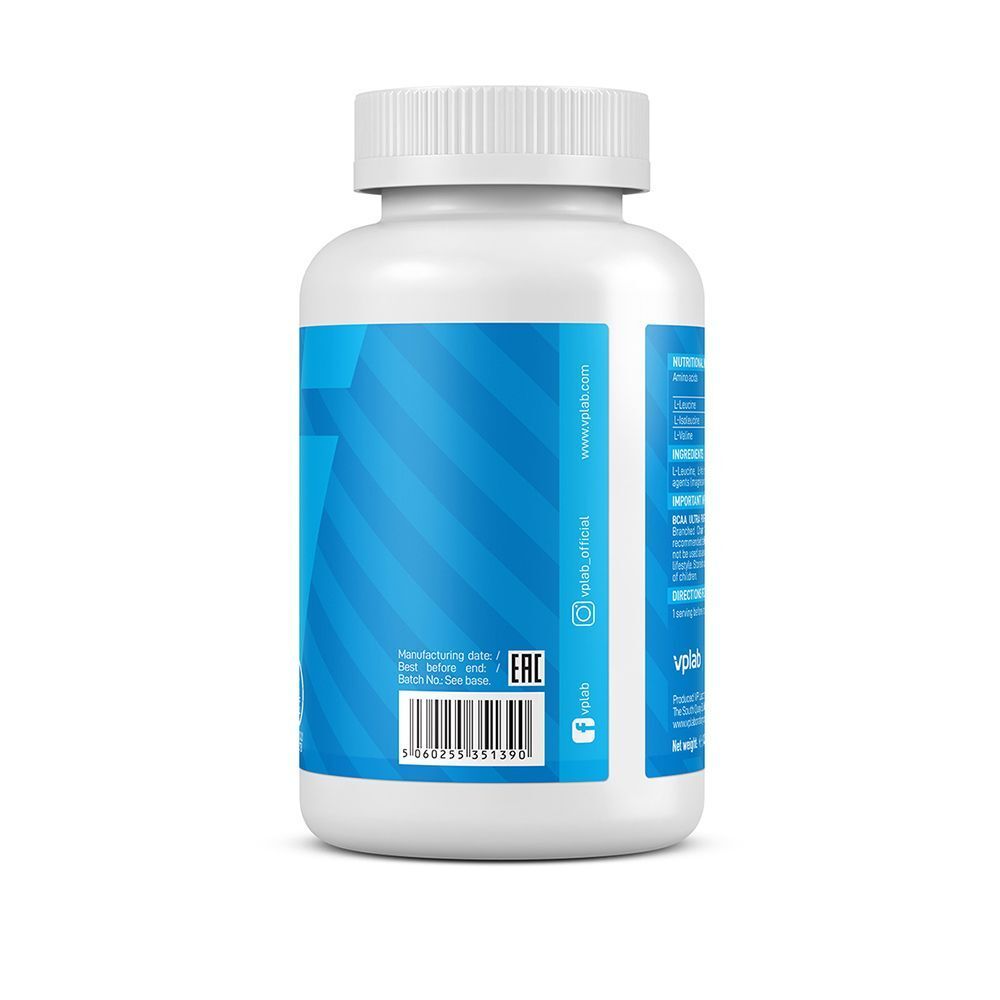 Retro di un flacone bianco VPLAB BCAA Ultra Pure con codice a barre, certificazione EAC e informazioni del sito web.