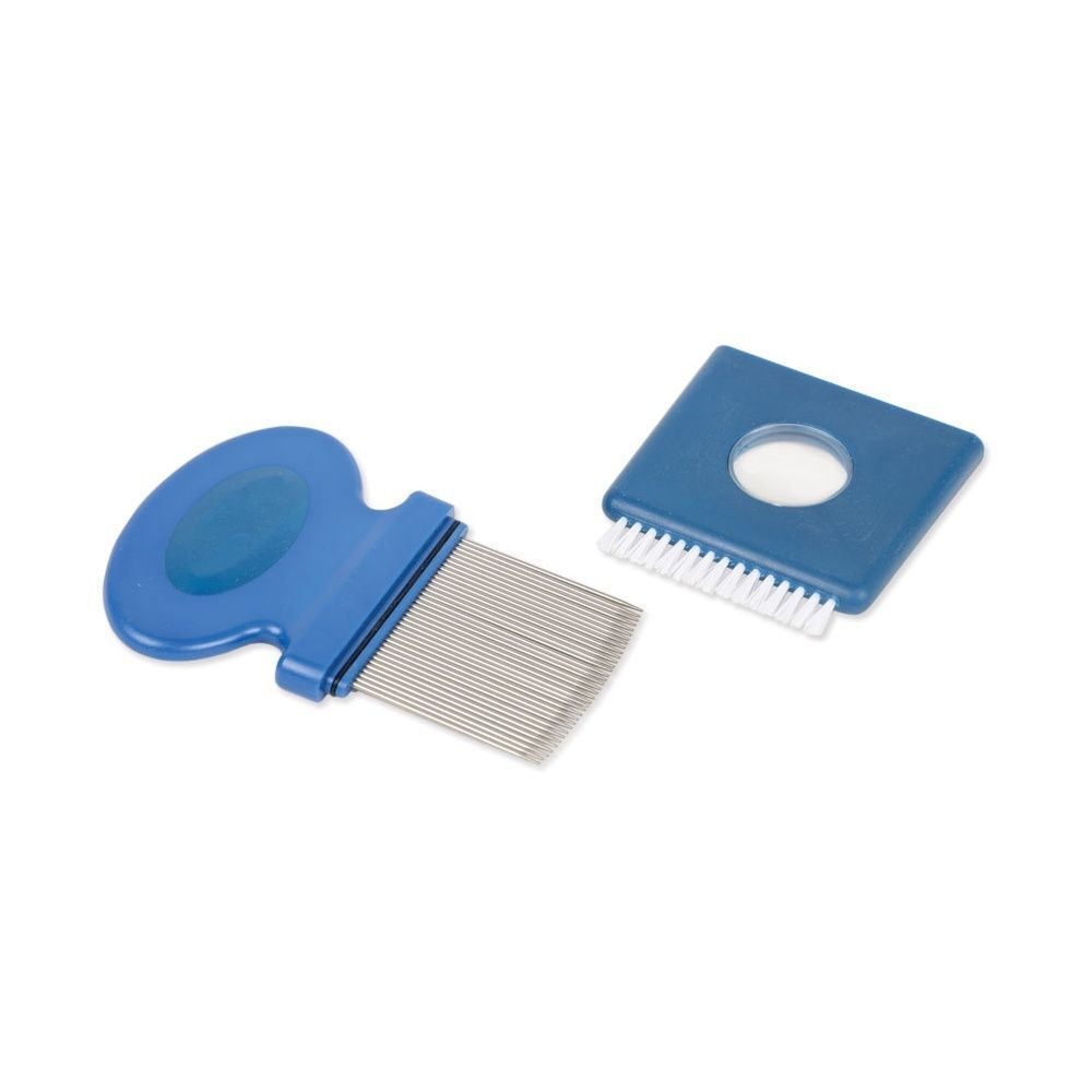 Un pettine per pidocchi blu, separato in manico e parte pettine con denti in metallo.