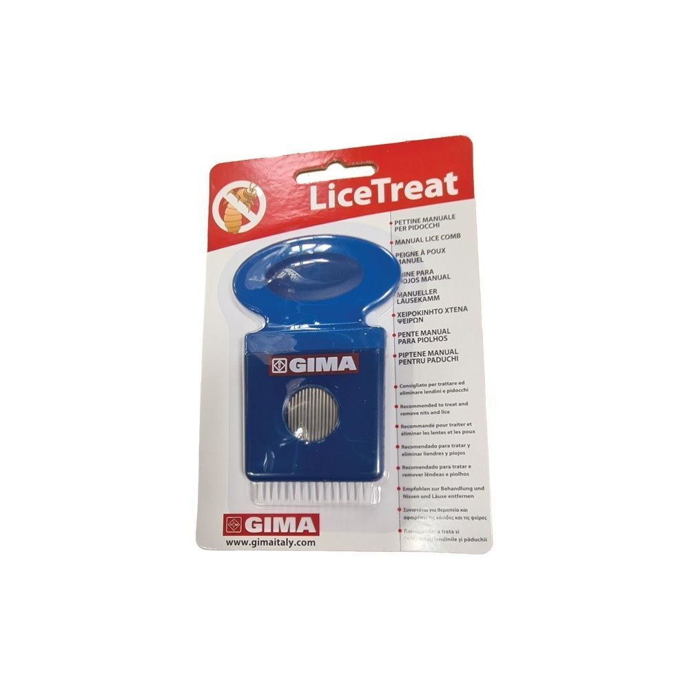 Un pettine per pidocchi blu in confezione blister della marca Gima.