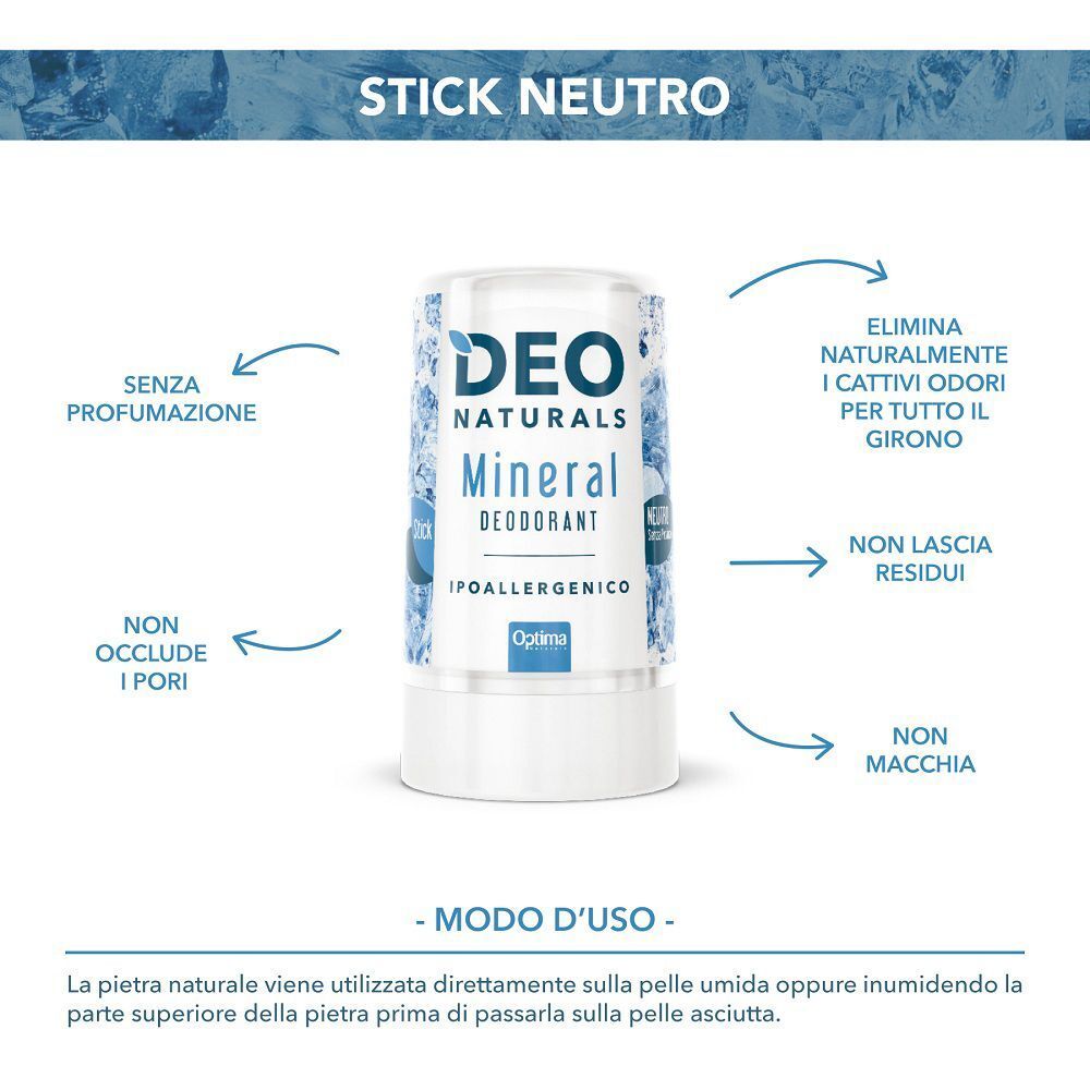 Deodorante Deo Naturals Mineral in stick con spiegazioni sui benefici: ipoallergenico, senza profumo.