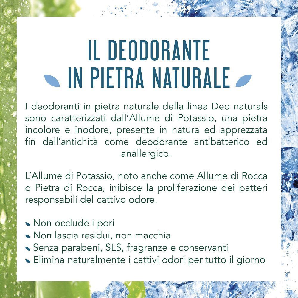 Informazioni sul deodorante Deo Naturals Mineral in pietra naturale, ipoallergenico e senza additivi.
