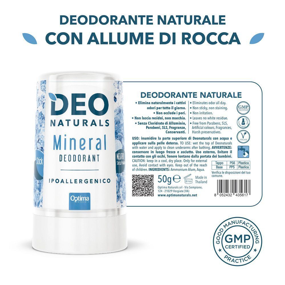 Deodorante Deo Naturals Mineral in stick, 50g. Con certificazione GMP e sigillo vegan.
