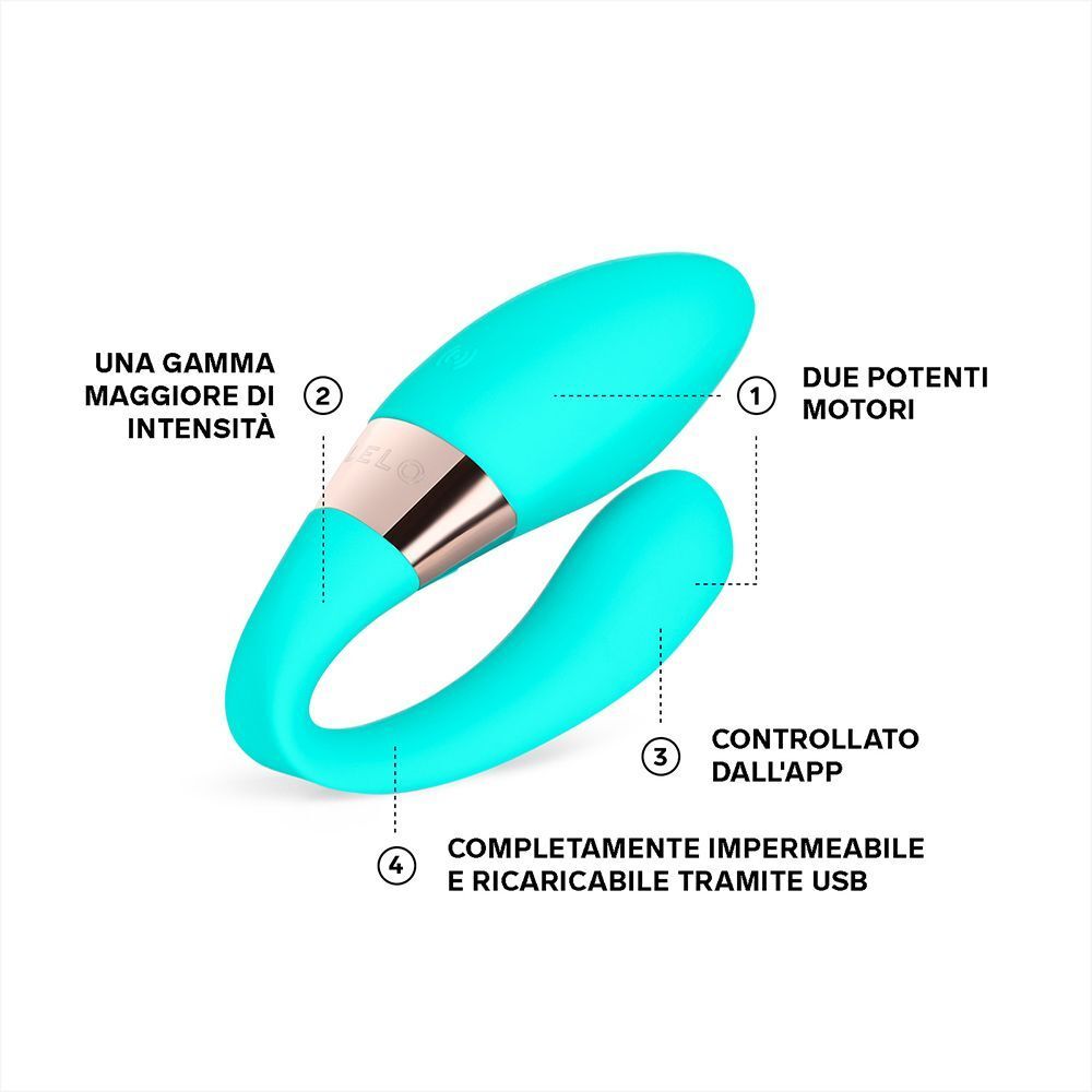 Vibratore Tiani Harmony aqua con etichette: due motori, controllato da app, impermeabile, ricaricabile USB.