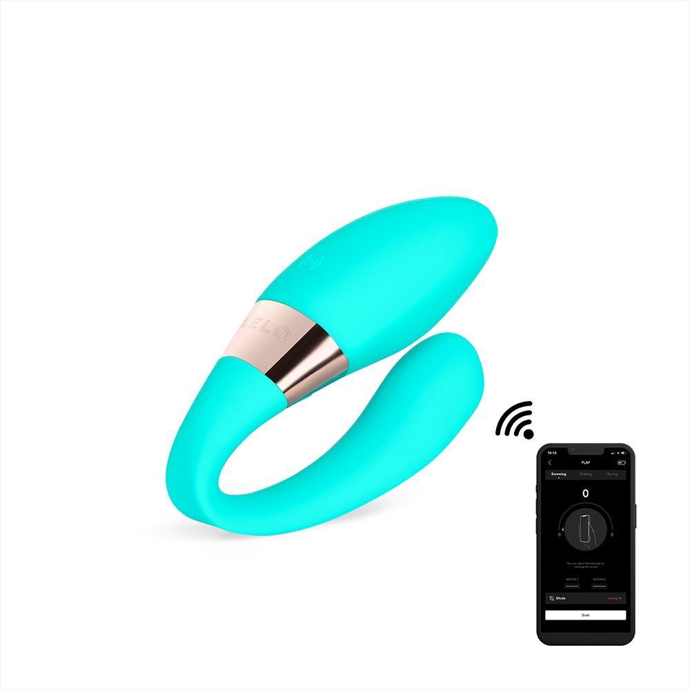 Vibratore Tiani Harmony aqua con smartphone che mostra l'app Lelo, connesso tramite icona Wi-Fi.