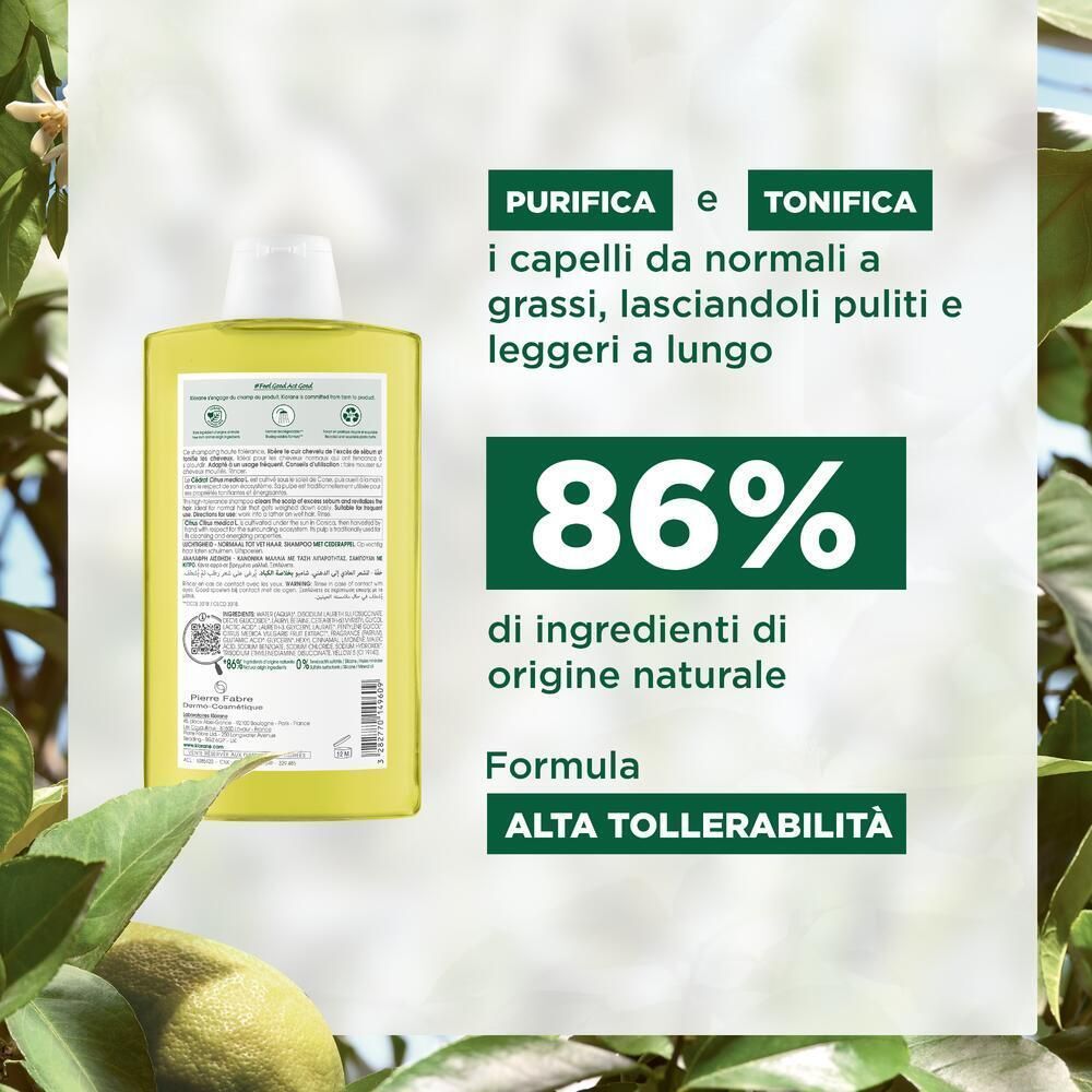 Shampoo Klorane al cedro, con ramo di limone e foglie, 86% ingredienti naturali.