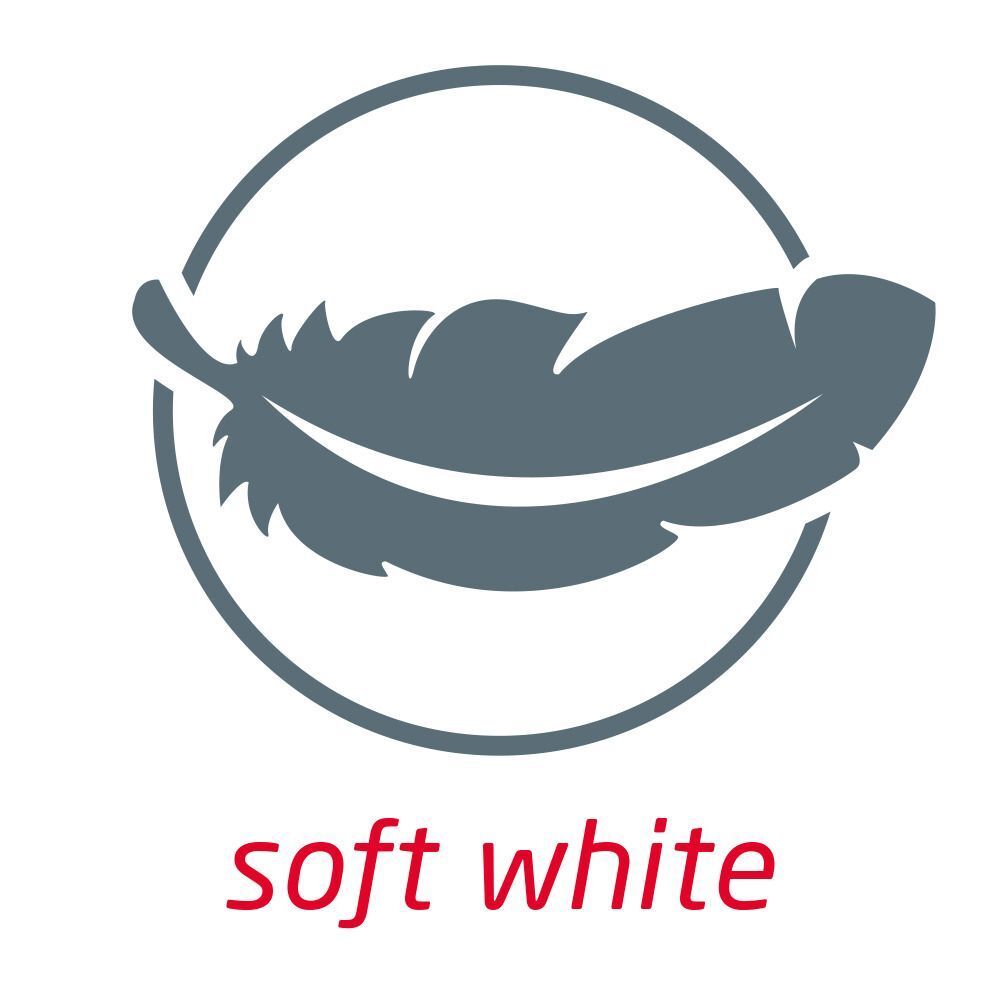 Simbolo di una piuma con testo 'soft white'.