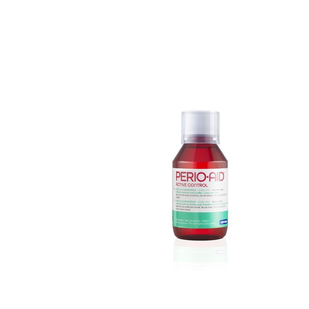 Un flacone di collutorio PERIO·AID Active Control. Liquido rosso, tappo bianco, etichetta con testo.