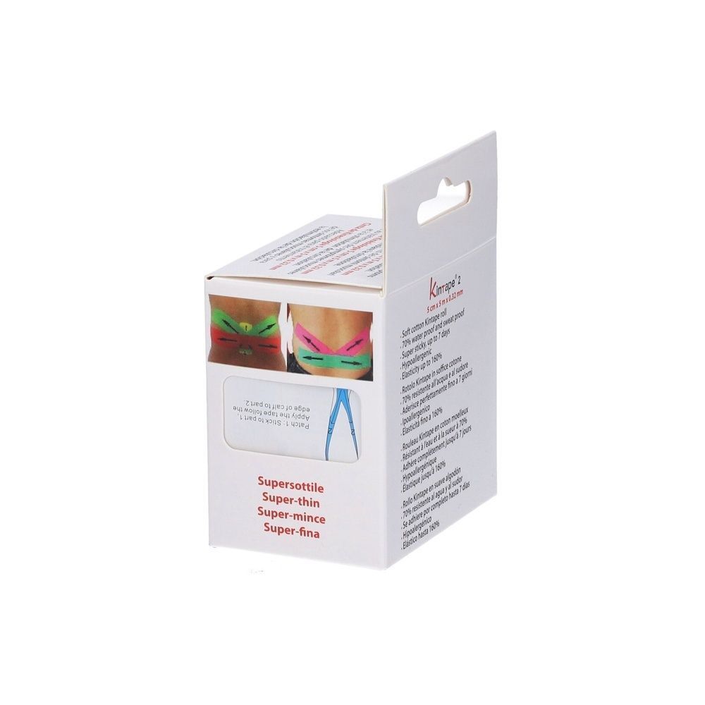 Una scatola di rotolo di kinesiologia, lato con esempi di applicazione e caratteristiche del prodotto.