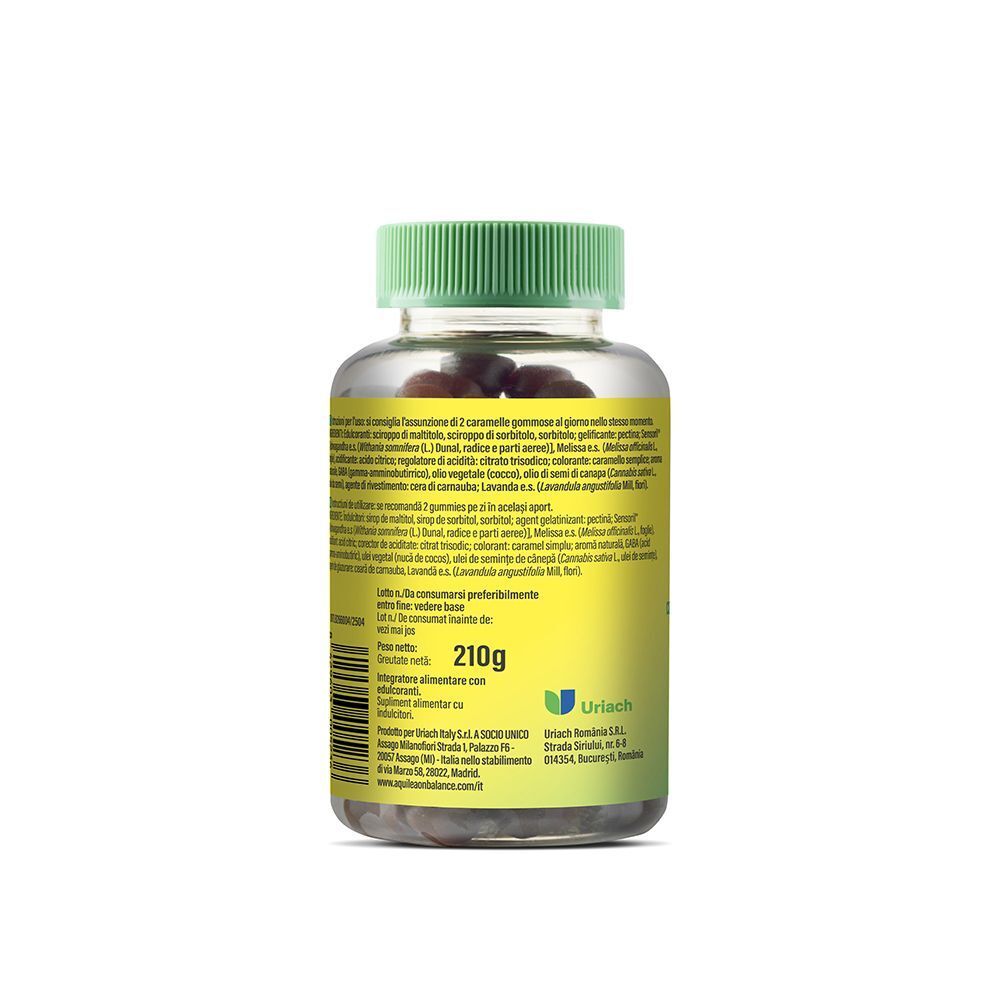 Retro di un flacone di caramelle gommose Aquilea Onbalance Relax, con indicazione di 210g.