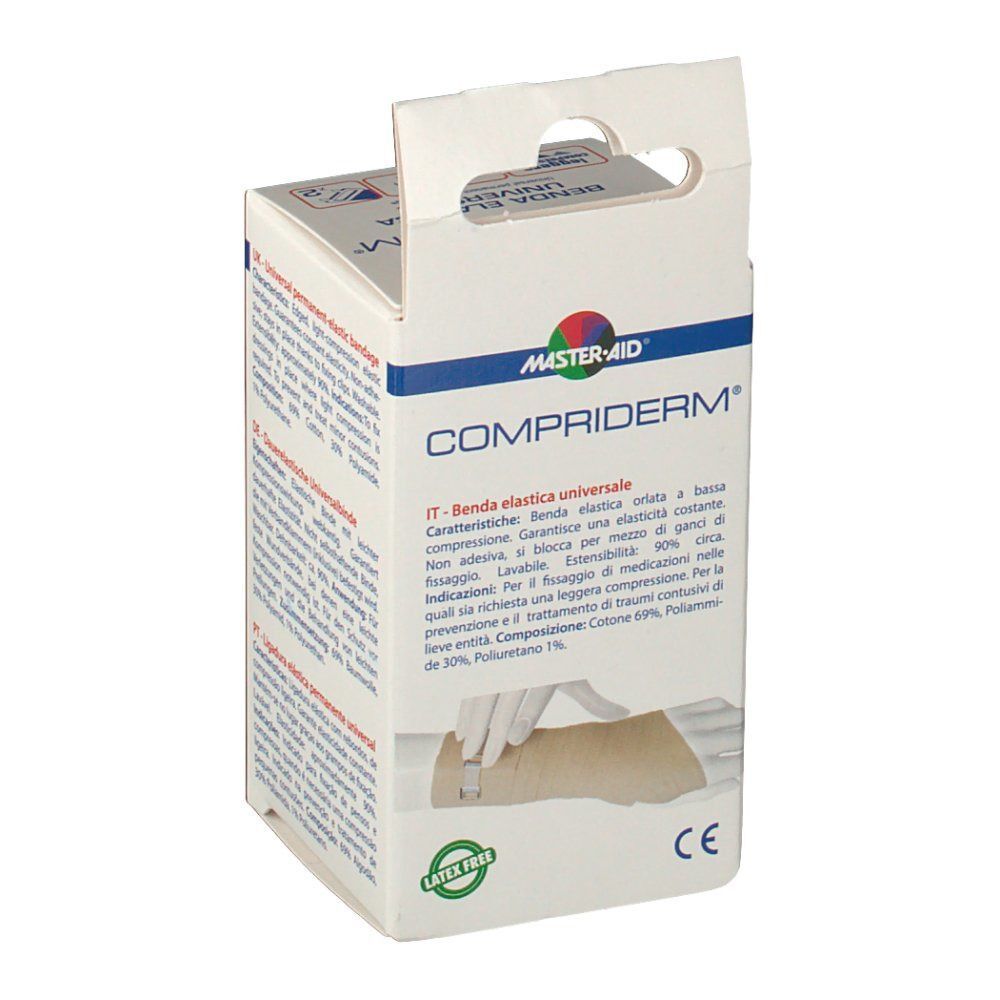 Benda elastica MasterAid Compriderm, 8 cm x 5 m, con marchio CE.