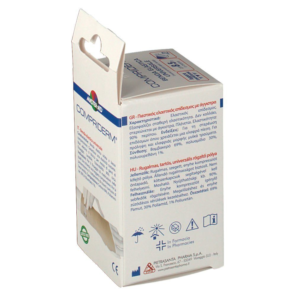 Benda elastica MasterAid Compriderm, 8 cm x 5 m, con informazioni in più lingue.