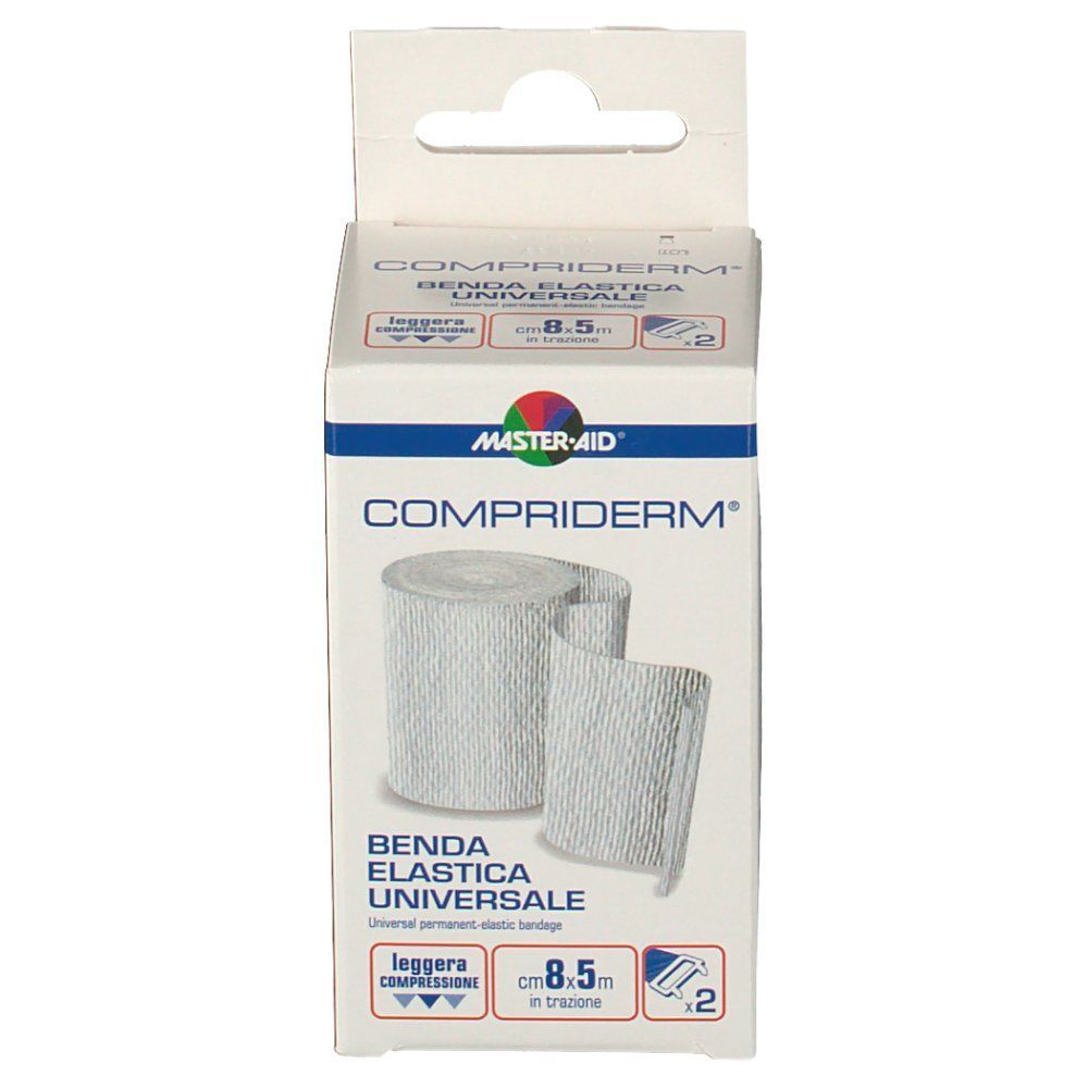 Benda elastica MasterAid Compriderm, 8 cm x 5 m, con illustrazione della benda.