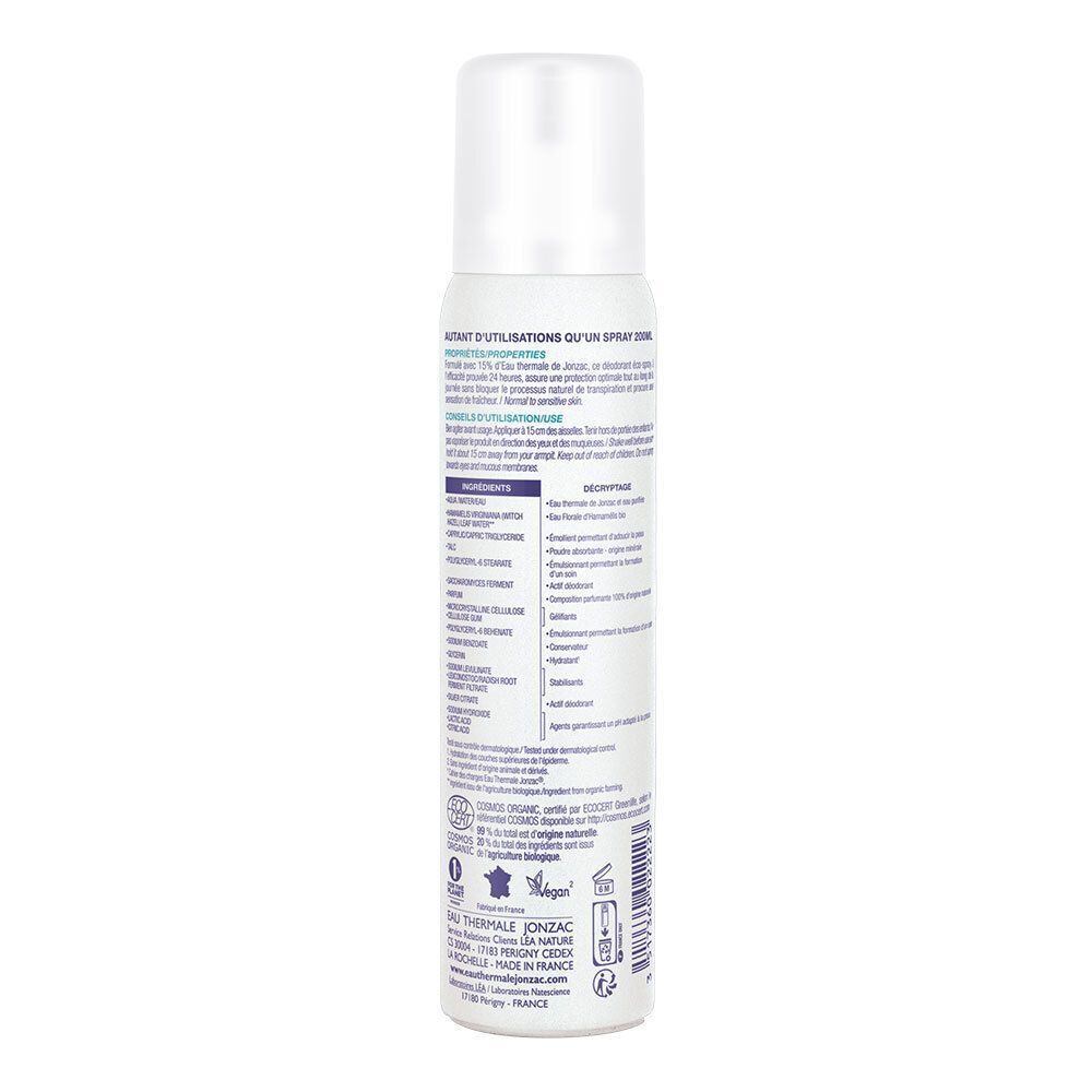 Retro di una bomboletta spray Eau Thermale Jonzac Deodorante Spray Freschezza con ingredienti e istruzioni per l'uso.