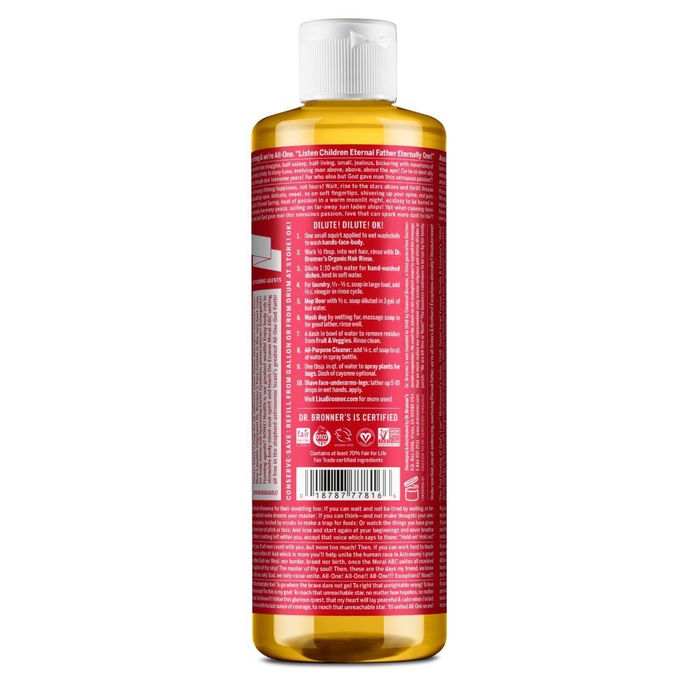 Retro di una bottiglia di sapone puro Dr. Bronner's 18-in-1 Rose, con ingredienti e istruzioni.