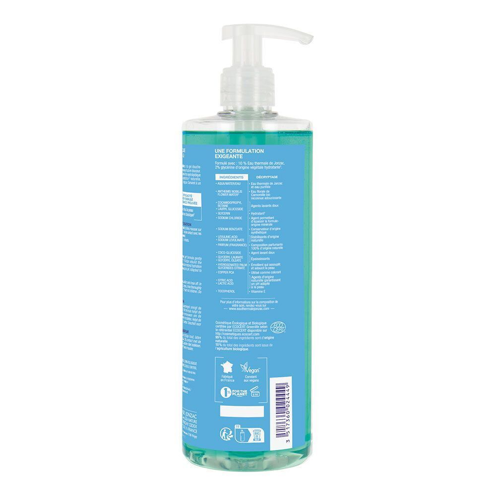 Retro di un flacone di gel doccia Eau Thermale Jonzac con informazioni dettagliate sul prodotto e loghi.