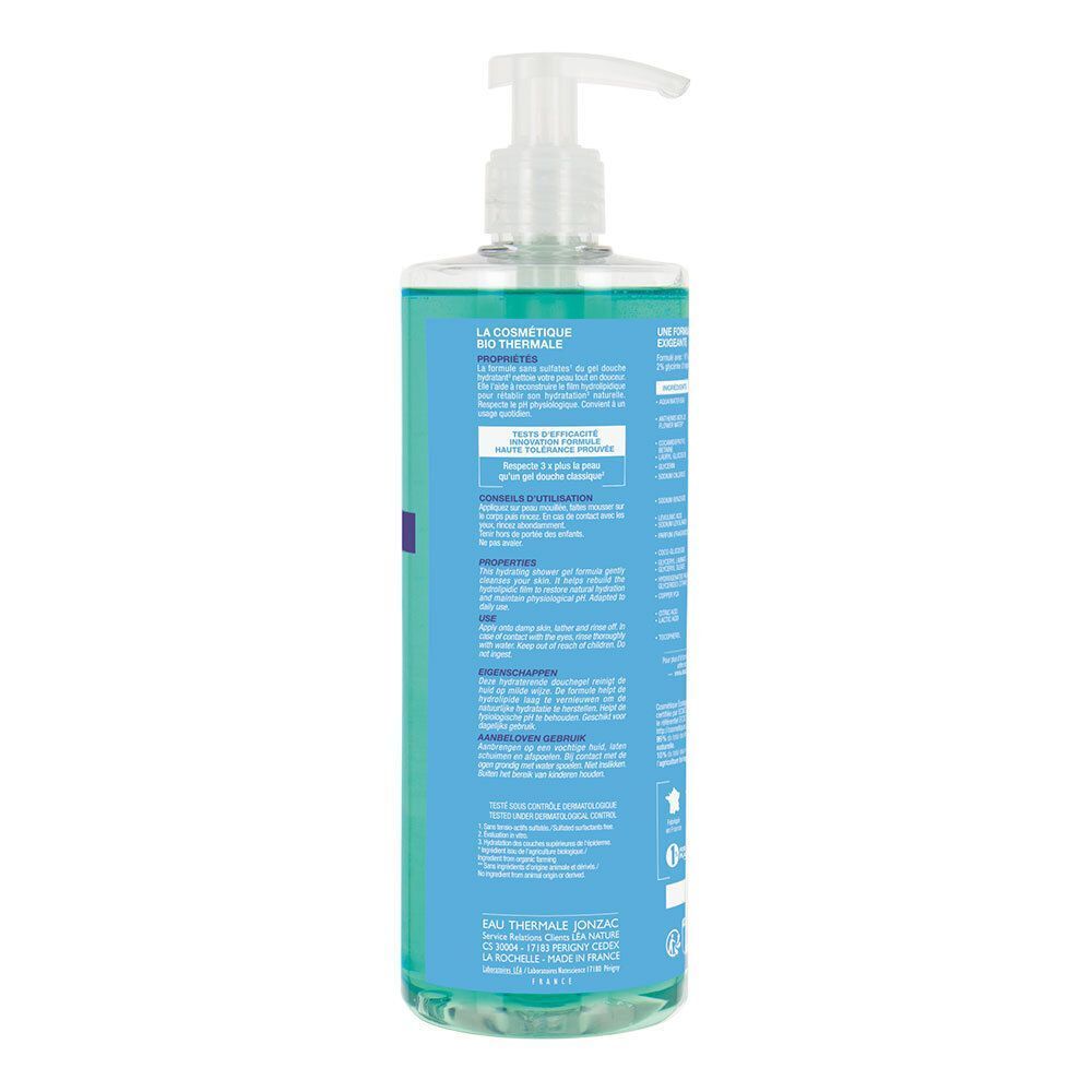 Retro di un flacone di gel doccia Eau Thermale Jonzac con informazioni dettagliate sul prodotto e loghi.