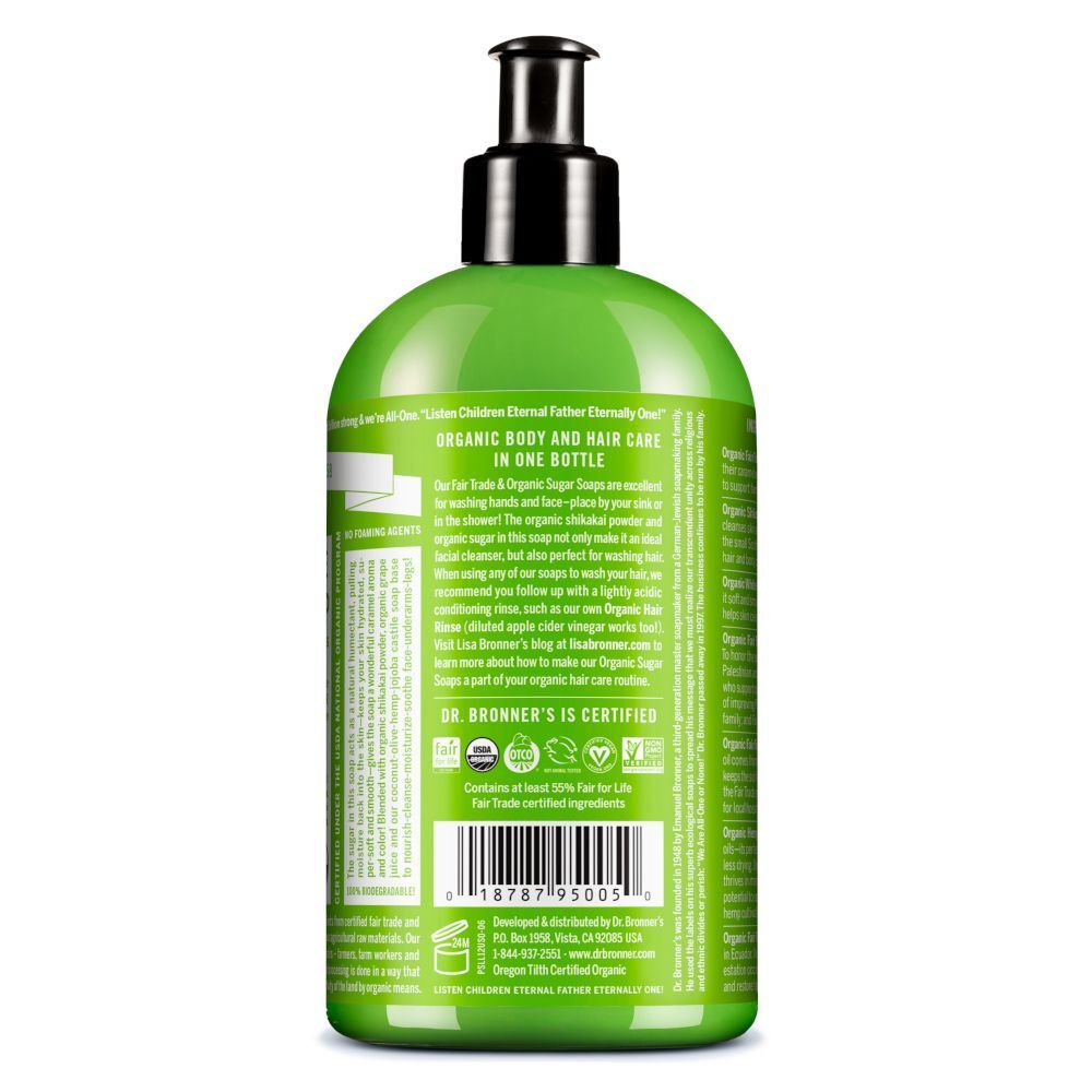 Retro di un flacone con pompa verde di Sapone Bio allo Zucchero Dr. Bronner's Lemongrass & Lime con etichetta.