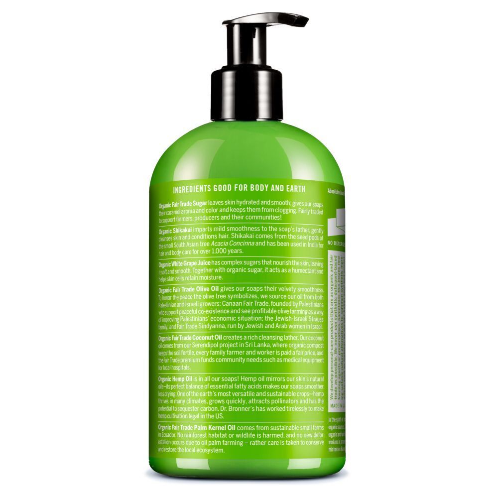 Retro di un flacone con pompa verde di sapone biologico allo zucchero Dr. Bronner's Lemongrass & Lime con ingredienti.