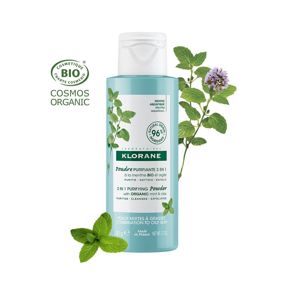 Polvere purificante Klorane 3-in-1 con menta bio e argilla, 50g. Certificata COSMOS ORGANIC.