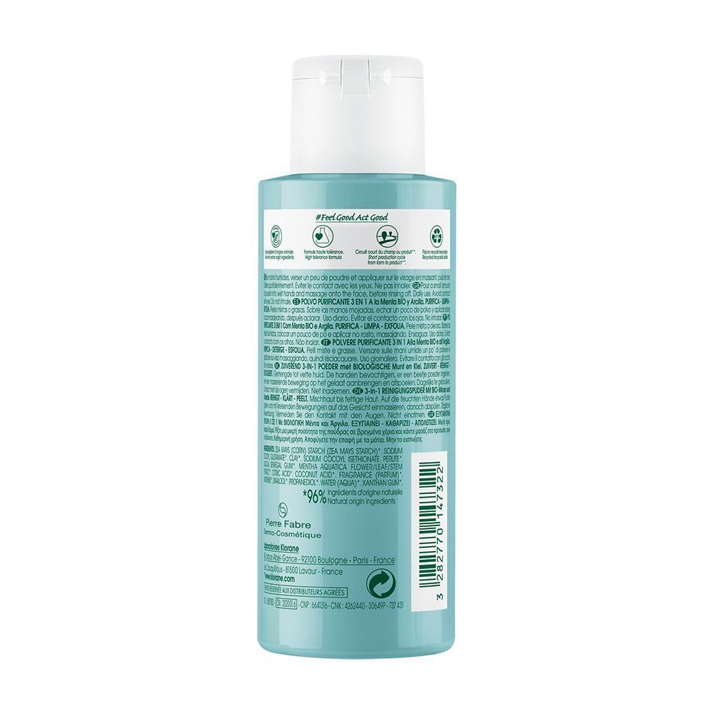 Flacone azzurro con tappo bianco a scatto. Retro con testo e simboli.
