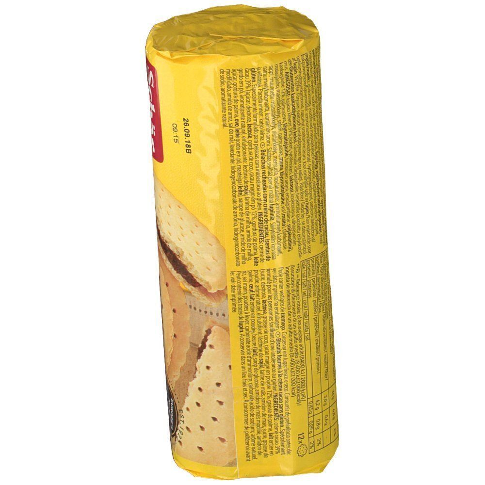 Retro di una confezione di biscotti Schär Maxi Sorrisi con tabella nutrizionale e lista ingredienti.