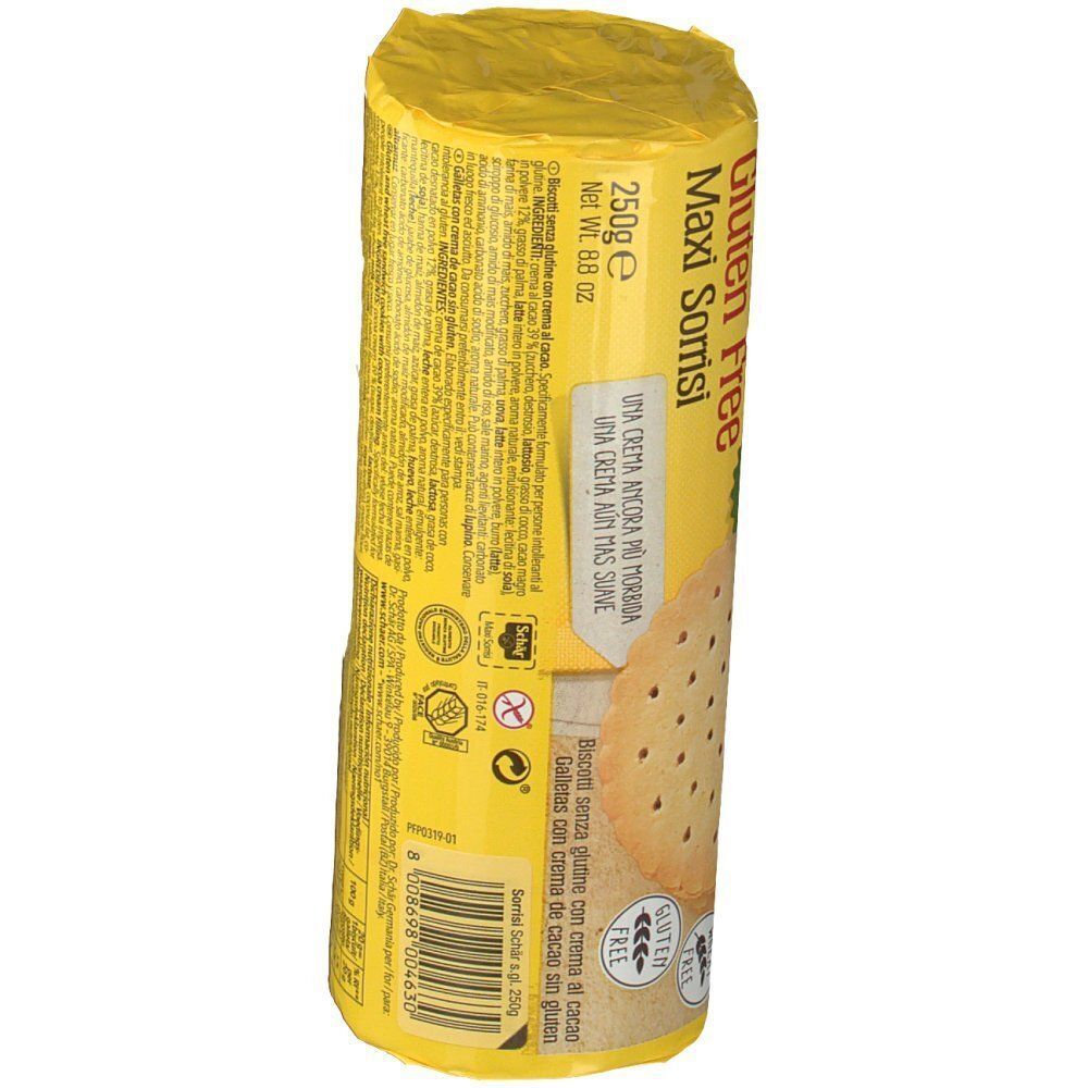 Confezione di biscotti Schär Maxi Sorrisi, senza glutine, con ripieno alla crema di cacao e marchi.