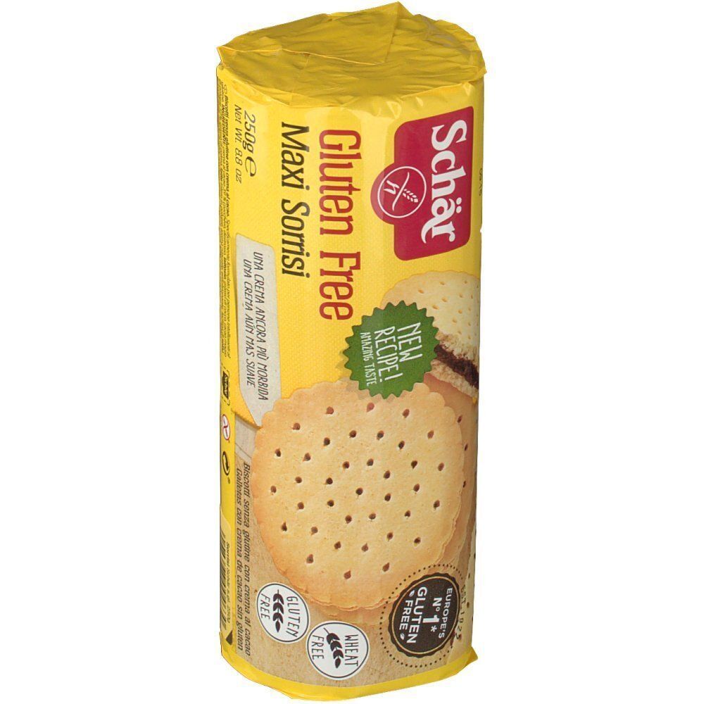 Confezione rotonda di biscotti Schär Maxi Sorrisi, senza glutine, con indicazione nuova ricetta.