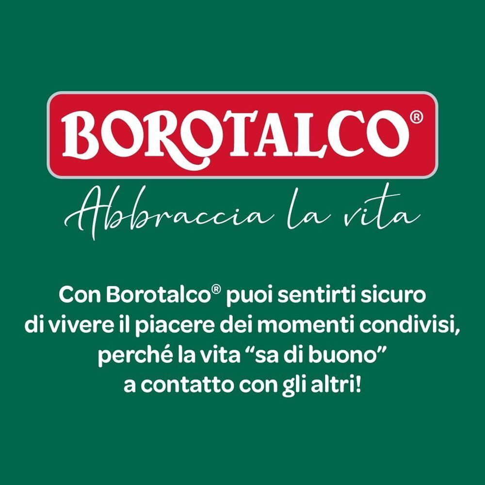 Logo Borotalco su sfondo verde. Testo in italiano: 'Abbraccia la vita'.